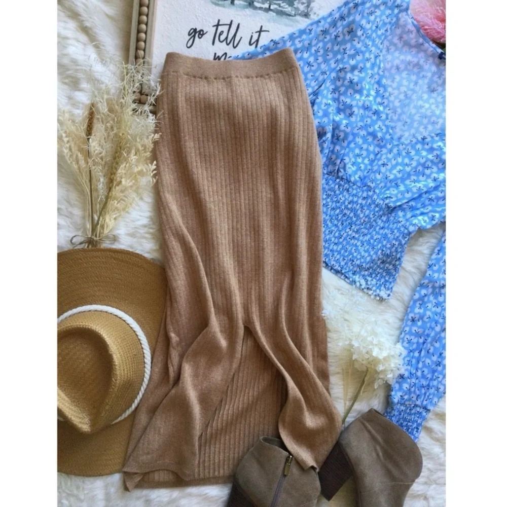 Free People XS Heathered Brown Ribbed Knit Slit Midi Skirt Western Boho Neutral - Picture 7 of 14